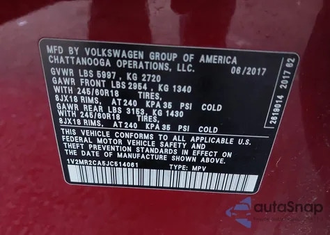2018 Volkswagen Atlas 3.6L V6 Sel из США, поврежденный, VIN 1V2MR2CA5JC514061